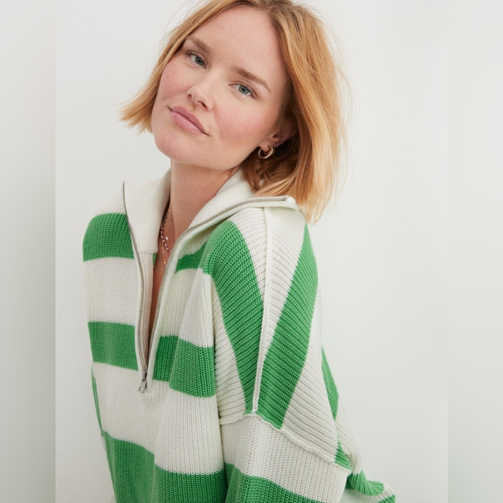 NWT Aerie Oversized Beyond Quarter Zip Sweater, Green and White Striped, Large - Picture 2 of 14